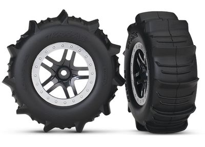 TRA5891, Traxxas Paddle Tires w/SCT Split Spoke Rear Wheel (2) (Black/Chrome)