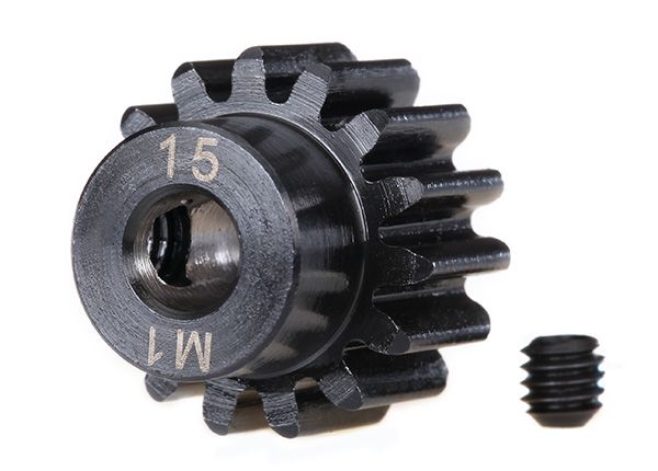 TRA6487R, Traxxas Gear, 15-T pinion (machined) (1.0 metric pitch) (fits 5mm shaft)/ set screw (for use only with steel spur gears)