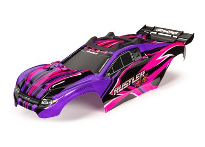 Traxxas Body, Rustler 4X4, pink &amp; purple/ window, grille, lights decal sheet (assembled with front &amp; rear body mounts and rear body support for clipless mounting)