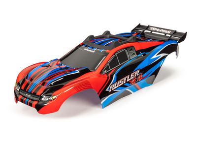 TRA6734R, Traxxas Body, Rustler 4X4, red &amp; blue/ window, grille, lights decal sheet (assembled with front &amp; rear body mounts and rear body support for clipless mounting)