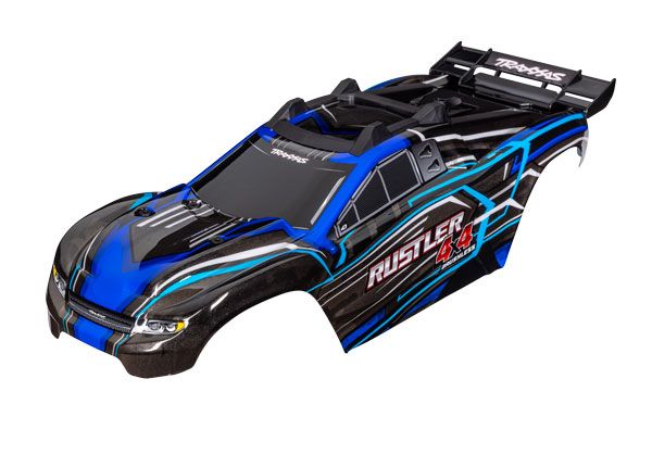 TRA6740-BLUE, Traxxas Body, Rustler 4X4, blue (painted, decals applied) (assembled with front &amp; rear body mounts and rear body support for clipless mounting)