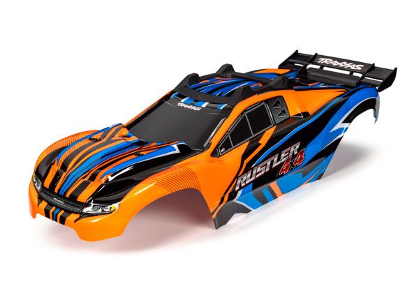 Traxxas Body, Rustler 4X4, orange &amp; blue/ window, grille, lights decal sheet (assembled with front &amp; rear body mounts and rear body support for clipless mounting)