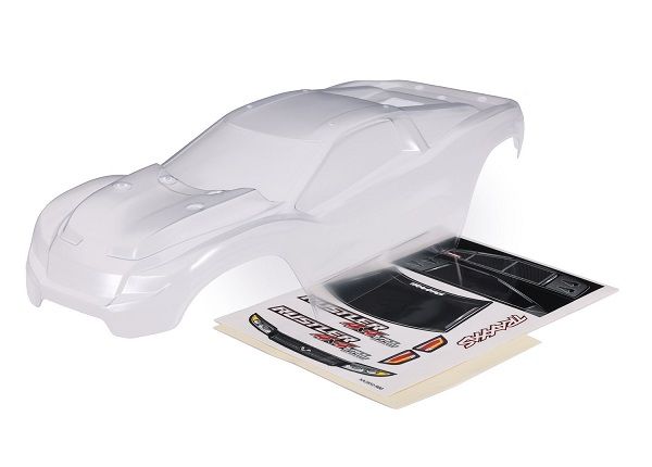 TRA6740, Traxxas Rustler 4x4 Clipless Body Set w/Wing &amp; Roof Skid (Clear)
