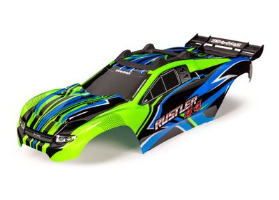 Traxxas Body, RustlerÔøΩ 4X4, green &amp; blue/ window, grille, lights decal sheet (assembled with front &amp; rear body mounts and rear body support for clipless mounting)
