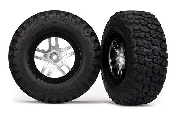 Traxxas Tire &amp; wheel assy, glued (S1 compound) (SCT SS, satin chrome black beadlock wheel, BFGoodrichÔøΩ Mud-TerrainÔøΩ T/AÔøΩ KM2 tire, inserts) (2) (4WD f/r, 2WD rear)