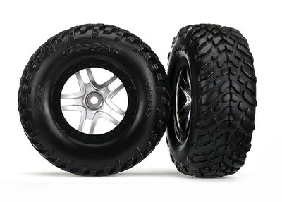 Traxxas Tires &amp; wheels, assembled, glued (SCT Split-Spoke satin chrome, black beadlock style wheels, SCT off-road racing tires, foam inserts) (2) (4WD f/r, 2WD rear) (TSMÔøΩ rated)