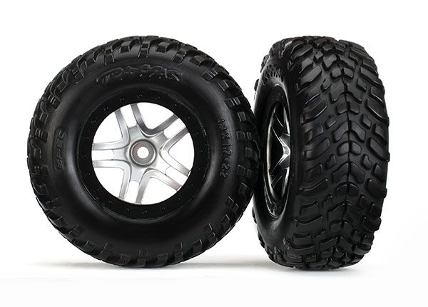 Traxxas Tires &amp; wheels, assembled, glued (SCT Split-Spoke satin chrome, black beadlock style wheels, SCT off-road racing tires, foam inserts) (2) (4WD f/r, 2WD rear) (TSMÔøΩ rated)