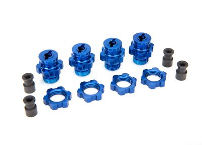 Traxxas Wheel hubs, splined, 17mm, short (blue-anodized) (4)/ wheel nuts, splined, 17mm (blue-anodized) (4)/ hub retainer M4 X 0.7 (4)/ axle pin (4) (Slash 4WD)
