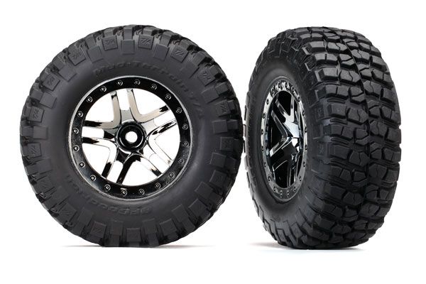 Traxxas Tires &amp; wheels, assembled, glued (SCT Split-Spoke black chrome beadlock style wheels, BFGoodrichÔøΩ Mud-TerrainÔøΩ T/AÔøΩ KM2 ultra-soft S1 compound off-road racing tires, foam inserts) (2) (4