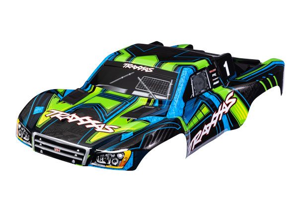 Traxxas Body, Slash 4X4 (also fits Slash VXL &amp; Slash 2WD), green and blue (painted, decals applied) (assembled with front &amp; rear latches for clipless mounting)
