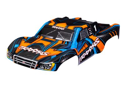 TRA6844-ORNG, Traxxas Body, Slash 4X4 (also fits Slash VXL &amp; Slash 2WD), orange and blue (painted, decals applied) (assembled with front &amp; rear latches for clipless mounting)