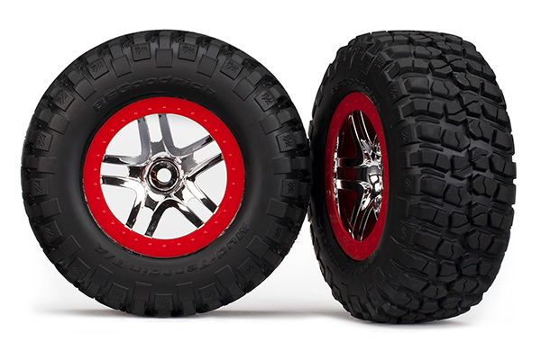 Traxxas Tire &amp; wheel assy, glued (SCT Split-Spoke chrome, red beadlock style wheel, BFGoodrichÔøΩ Mud-TerrainÔøΩ T/AÔøΩ KM2 tire, inserts) (2) (4WD f/r, 2WD rear)
