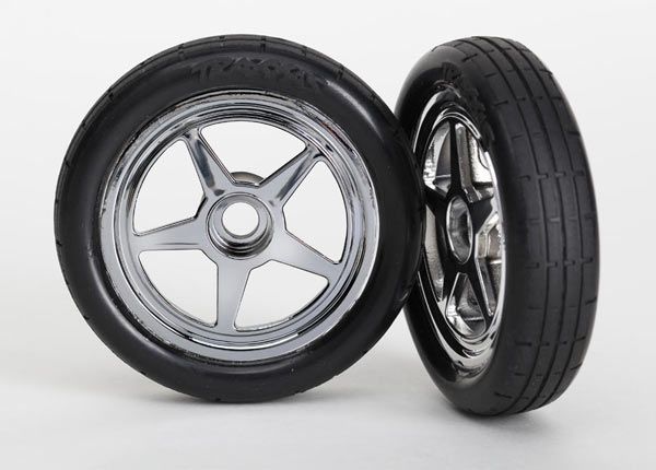 Traxxas Tires &amp; wheels, assembled, glued (5-spoke chrome wheels, tires, foam inserts) (front) (2)