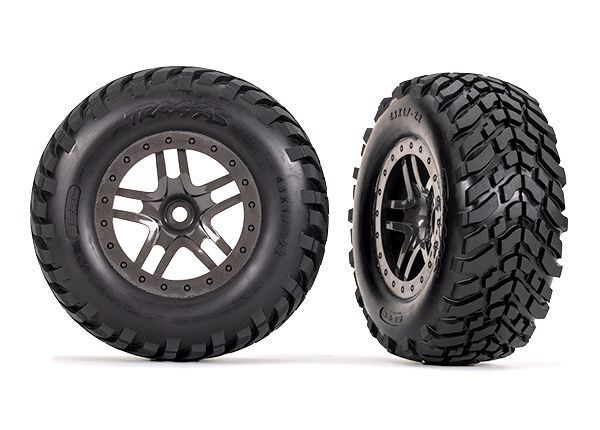 Traxxas Tires &amp; wheels, assembled, glued (SCT Split-Spoke gray beadlock style wheels, SCT off-road racing tires, foam inserts) (2) (4WD f/r, 2WD rear) (TSM rated)
