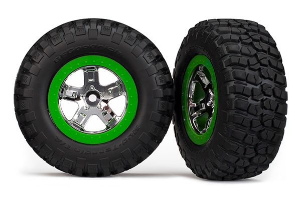 Traxxas Tire &amp; wheel assy, glued (SCT, chrome, green beadlock wheel, BFGoodrichÔøΩ Mud-TerrainÔøΩ T/AÔøΩ KM2 tire, foam inserts) (2) (4WD front/rear, 2WD rear only)