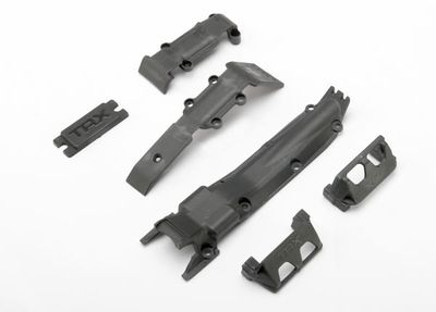TRA7037, Traxxas 1/16 Slash/E-Revo Skidplate set, front (1)/ rear (1)/ transmission (1) (black)/ Guards, steering servo (2) / cover plate, steering servo (1)