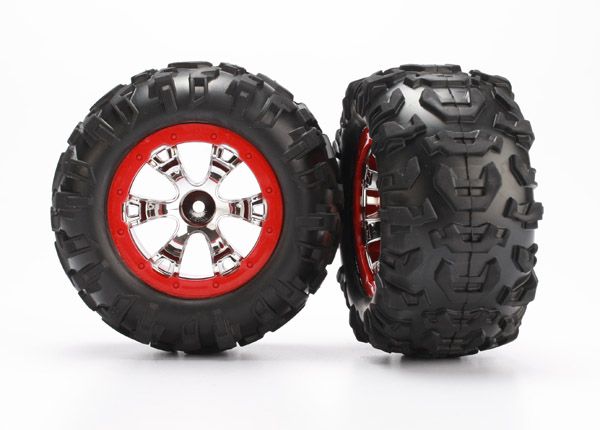 Traxxas Tires &amp; wheels, assembled, glued (Geode chrome, red beadlock style wheels, Canyon AT tires, foam inserts) (1 left, 1 right)