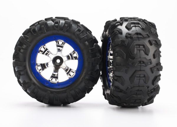 Traxxas Tires &amp; wheels, assembled, glued (Geode chrome, blue beadlock style wheels, Canyon AT tires, foam inserts) (1 left, 1 right)