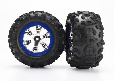 Traxxas Tires &amp; wheels, assembled, glued (Geode chrome, blue beadlock style wheels, Canyon AT tires, foam inserts) (1 left, 1 right)