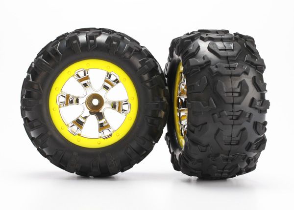 Traxxas Tires &amp; wheels, assembled, glued (Geode chrome, yellow beadlock style wheels, Canyon AT tires, foam inserts) (1 left, 1 right)