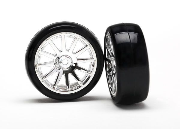 Traxxas Tires &amp; wheels, assembled, glued (12-spoke chrome wheels, slick tires) (2)