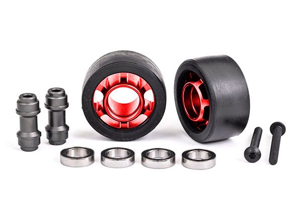 Traxxas Wheels, wheelie bar, 6061-T6 aluminum (red-anodized) (2)/ axle, wheelie bar, 6061-T6 aluminum (2)/ 10x15x4 ball bearings (4)