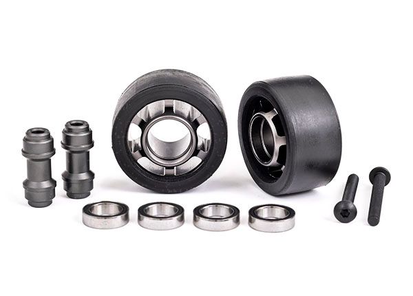 Traxxas Wheels, wheelie bar, 6061-T6 aluminum (dark titanium-anodized) (2)/ axle, wheelie bar, 6061-T6 aluminum (2)/ 10x15x4 ball bearings (4)