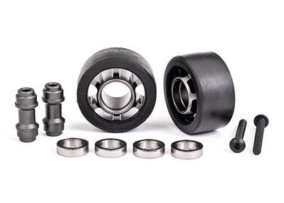 Traxxas Wheels, wheelie bar, 6061-T6 aluminum (dark titanium-anodized) (2)/ axle, wheelie bar, 6061-T6 aluminum (2)/ 10x15x4 ball bearings (4)