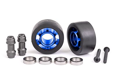 Traxxas Wheels, wheelie bar, 6061-T6 aluminum (blue-anodized) (2)/ axle, wheelie bar, 6061-T6 aluminum (2)/ 10x15x4 ball bearings (4)
