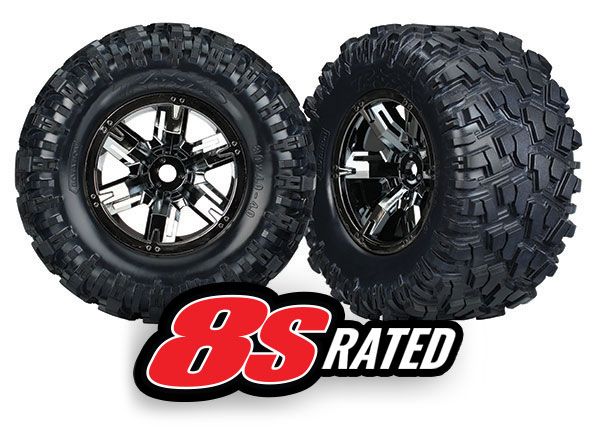Traxxas Tires &amp; wheels, assembled, glued (X-MaxxÔøΩ black chrome wheels, MaxxÔøΩ AT tires, foam inserts) (left &amp; right) (2)