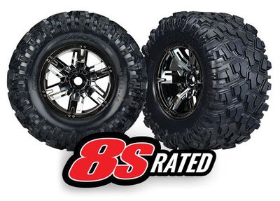 Traxxas Tires &amp; wheels, assembled, glued (X-MaxxÔøΩ black chrome wheels, MaxxÔøΩ AT tires, foam inserts) (left &amp; right) (2)
