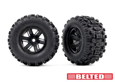 Traxxas Tires &amp; wheels, assembled, glued (X-MaxxÔøΩ black wheels, SledgehammerÔøΩ belted tires, dual profile (4.3&quot; outer, 5.7&quot; inner), foam inserts) (left &amp; right)