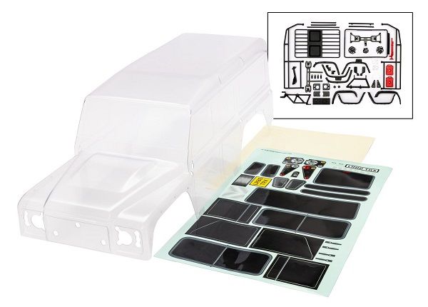 Traxxas Body, Land Rover Defender, complete (clear, trimmed, requires painting) (includes grille, side mirrors, door handles, windshield wipers, ExoCage, spare tire mount, decals, window masks, cliple