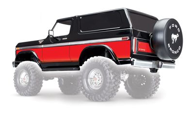 Traxxas Body, Ford Bronco, complete (black) (includes front and rear bumpers, push bar, rear body mount, grille, side mirrors, door handles, windshield wipers, spare tire mount, red and sunset decals)