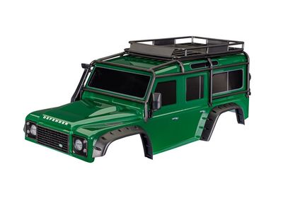 Traxxas Body, Land RoverÔøΩ DefenderÔøΩ, green (complete with ExoCage, fuel canisters, jack, spare tire mount &amp; clipless mounting)