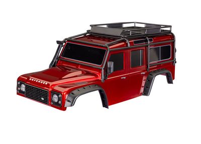 Traxxas Body, Land Rover Defender, red (complete with ExoCage, fuel canisters, jack, spare tire mount &amp; clipless mounting)