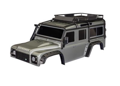 Traxxas Body, Land RoverÔøΩ DefenderÔøΩ, silver (complete with ExoCage, fuel canisters, jack, spare tire mount &amp; clipless mounting)
