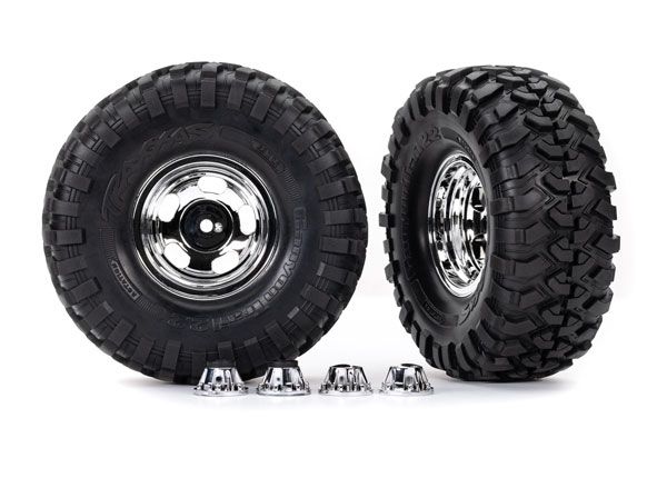 Traxxas Tires &amp; wheels, assembled, glued (2.2&quot; chrome wheels, Canyon Trail 5.3 x 2.2&quot; tires) (2)/ center caps (front (2), rear (2))/ decal sheet (requires #8255A extended thread stub axle)