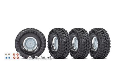 Traxxas Tires &amp; wheels, assembled, glued (1.9&quot; chrome wheels, Canyon Trail 4.6x1.9&quot; tires) (4)/ center caps (4)/ decal sheet (requires #8255A extended thread stub axle)