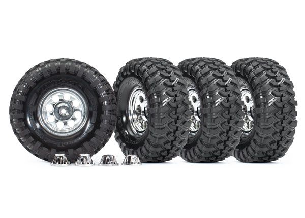 Traxxas Tires &amp; wheels, assembled, glued (1.9&quot; classic chrome wheels, Canyon Trail 4.6x1.9&quot; tires) (4)/ center caps (4)/ decal sheet (requires #8255A extended thread stub axle)