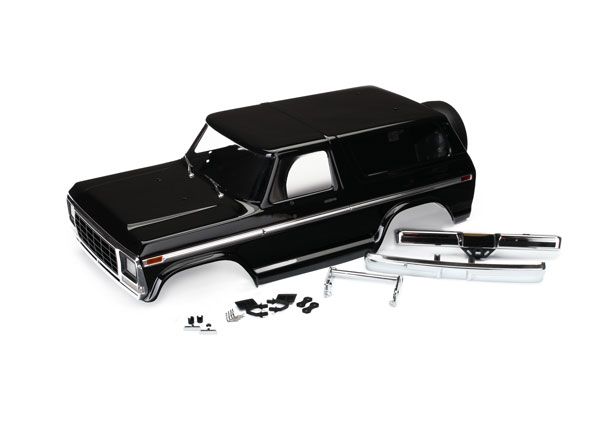 TRA8188, Traxxas Body, Ford Bronco, complete (black) (includes front and rear bumpers, push bar, rear body mount, grille, side mirrors, door handles, windshield wipers, spare tire mount, red and sunse