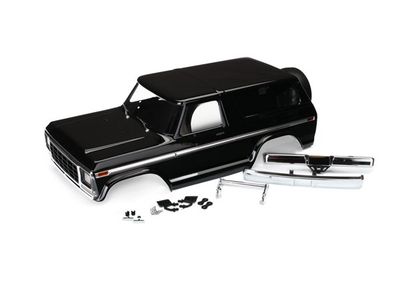 TRA8188, Traxxas Body, Ford Bronco, complete (black) (includes front and rear bumpers, push bar, rear body mount, grille, side mirrors, door handles, windshield wipers, spare tire mount, red and sunse