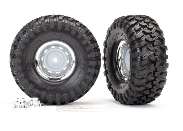 Traxxas Tires &amp; wheels, assembled, glued (1.9&quot; chrome wheels, Canyon Trail 4.6x1.9&quot; tires) (2)/ center caps (2)/ decal sheet (requires #8255A extended thread stub axle)-1