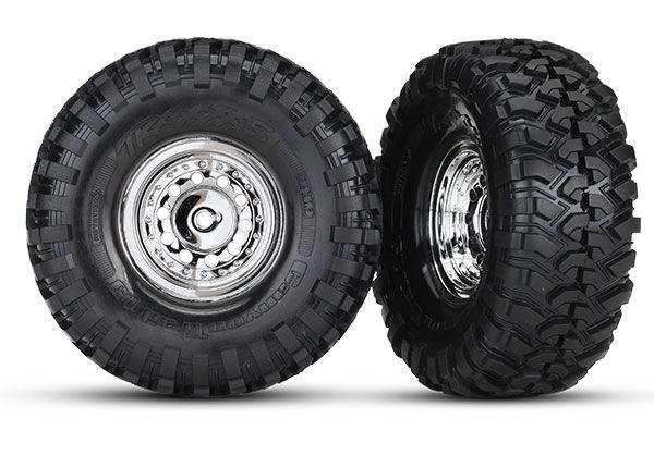 Traxxas Tires &amp; wheels, assembled, glued (1.9&quot; chrome wheels, Canyon Trail 4.6x1.9&quot; tires) (2)/ center caps (2)/ decal sheet (requires #8255A extended thread stub axle)