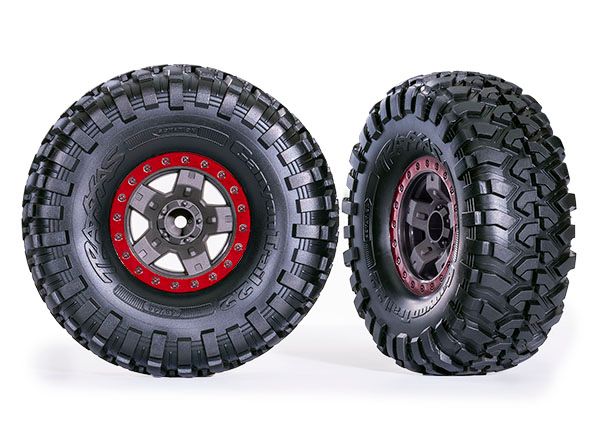 Traxxas Tires &amp; wheels, assembled, glued (TRX-4ÔøΩ Sport 2.2&quot; gray, red beadlock style wheels, Canyon Trail 5.3x2.2&quot; tires) (2)