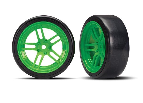 Traxxas Tires &amp; wheels, assembled, glued (split-spoke green wheels, 1.9&quot; Drift tires) (front)