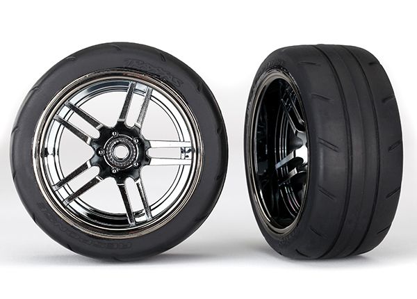 TRA8374, Traxxas 4-Tec 2.0 1.9&quot; Response X-Tra Wide Rear Pre-Mounted Tires w/Split-Spoke Wheels (Black Chrome) (2)