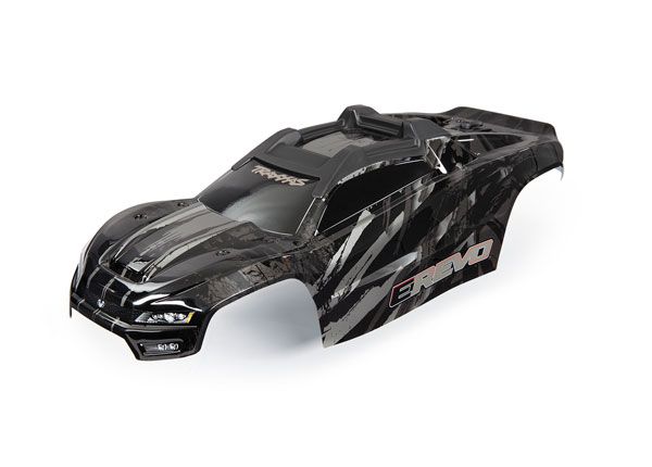 Traxxas Body, E-Revo, black (painted, decals applied) (assembled with front &amp; rear body mounts and rear body support for clipless mounting)