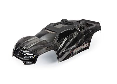 Traxxas Body, E-Revo, black (painted, decals applied) (assembled with front &amp; rear body mounts and rear body support for clipless mounting)