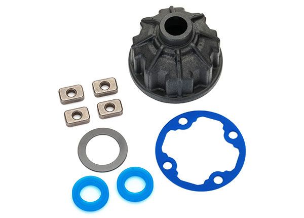Traxxas Carrier, differential (heavy duty)/ x-ring gaskets (2)/ ring gear gasket/ spacers (4)/ 12.2x18x0.5 PTFE-coated washer (1)